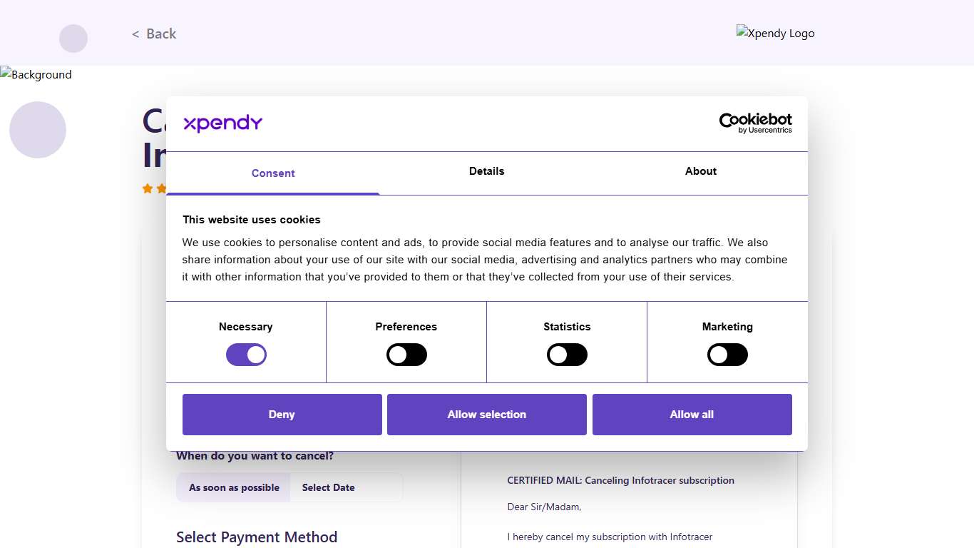 Cancel Infotracer within 2 minutes Xpendy